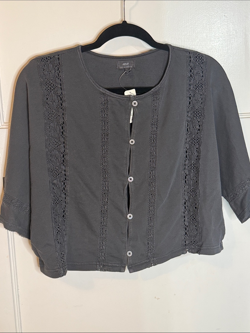 Aerie Charcoal Crochet-Trim Button Front Top NWT